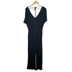 Ann Taylor LOFT Navy Blue Short Sleeve Linen Blend Jumpsuit